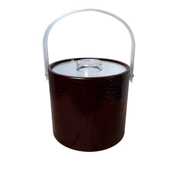 MID CENTURY MODERN VINTAGE BROWN VINYL ICE BUCKET WITH LID‎ & HANDLE MADE IN USA - Picture 1 of 9